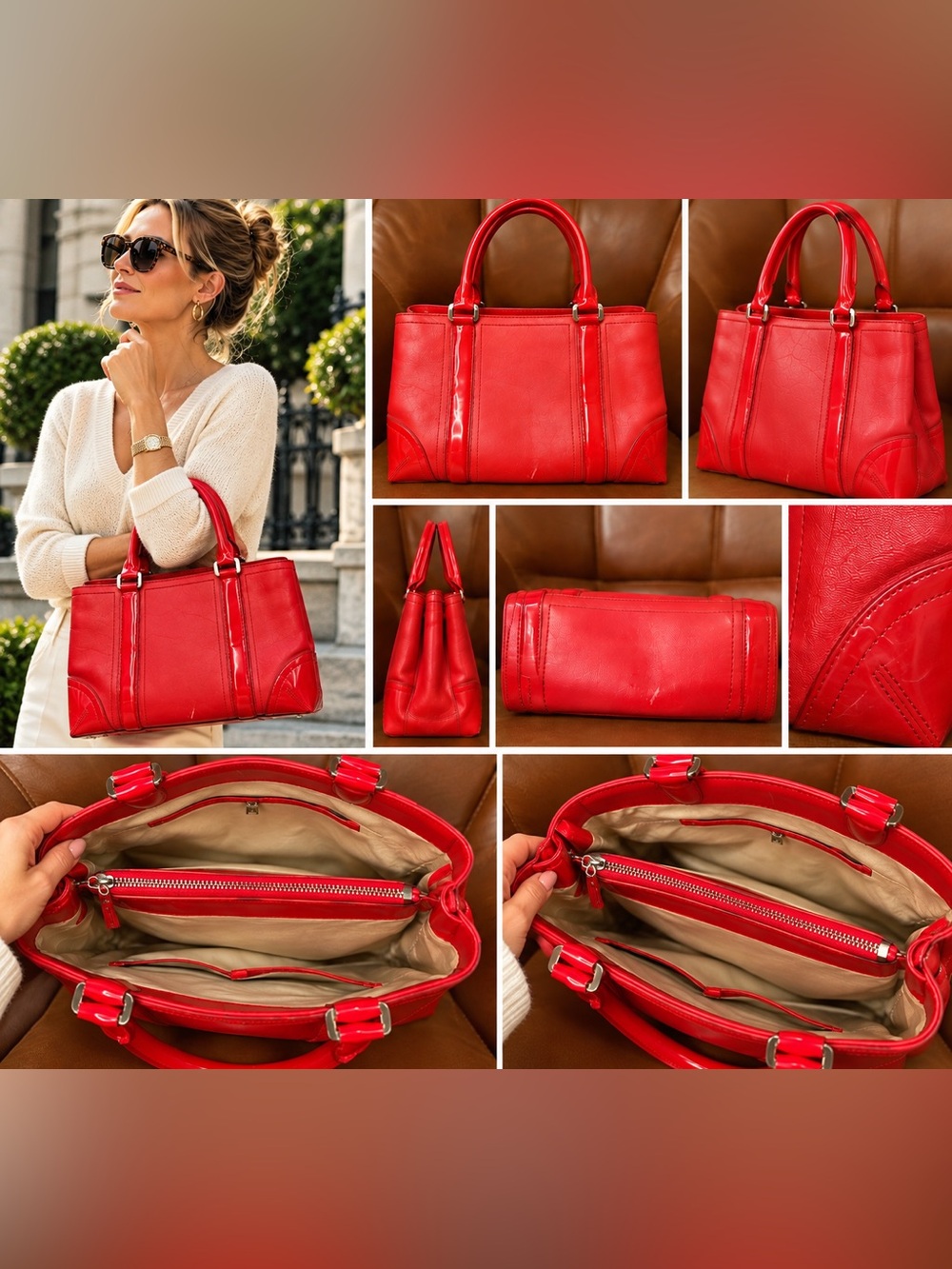 Ann Taylor Vintage Red Leather Structured Tote Bag - Women